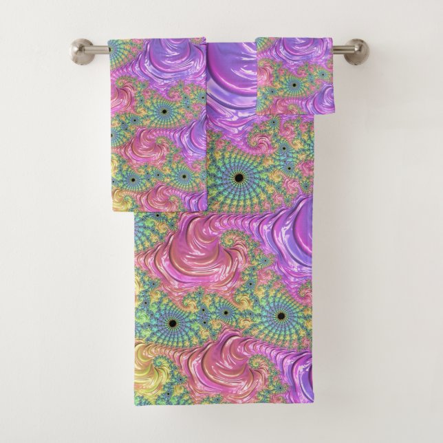 Groovy Trippy Boho Jewel Tone Rainbow Fraktal Badhandtuch Set (Insitu)