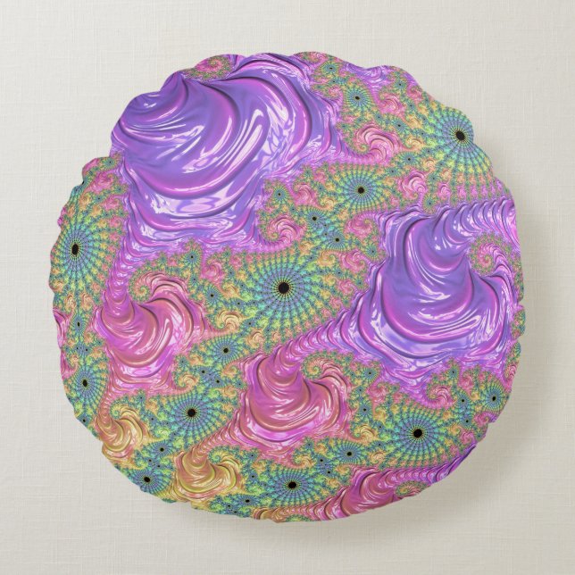 Groovy Trippy Boho Jewel Tone Rainbow Fraktal Rundes Kissen (Vorderseite)