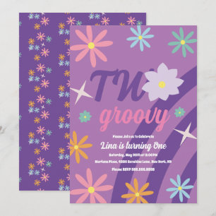 Groovy Two floral Erster Geburtstag Retro Lila Inv Einladung