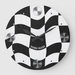 Groovy Wavy Schwarz-Weiß-Schachbrettmuster Große Wanduhr