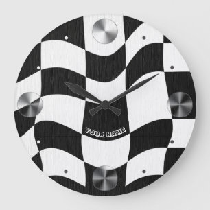Groovy Wavy Schwarz-Weiß-Schachbrettmuster Große Wanduhr