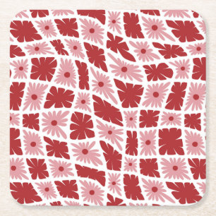 Groovy Wavy Trippy 60er Blume Karo Rot Rosa Rechteckiger Pappuntersetzer