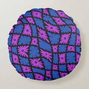Groovy Wavy Trippy 60er Blume Karos Blue Pink Rundes Kissen