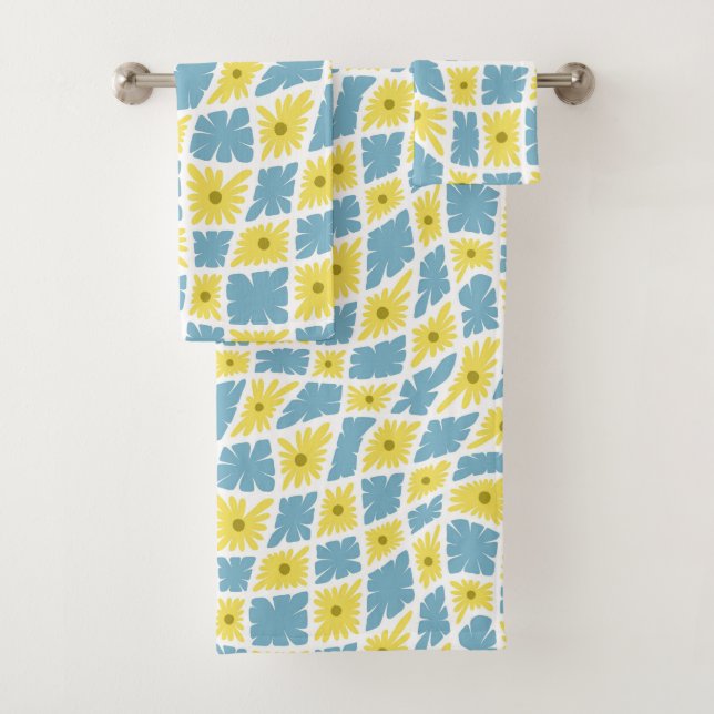 Groovy Wavy Trippy 60er Blume Karos Gelb Blau Badhandtuch Set (Insitu)