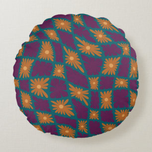 Groovy Wavy Trippy 60er Blume Karos Orange Pink Rundes Kissen
