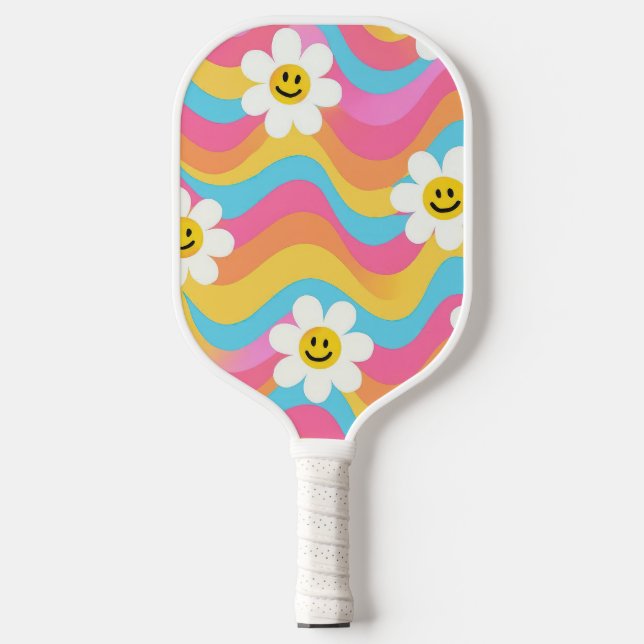 Groovy Wellige Smiley-Blume Retro Pickleball Schläger (Vorderseite)