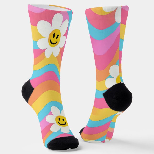 Groovy Wellige Smiley-Blumen Retro Socken (Gewinkelt)