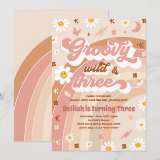 Groovy Wild und Three Hippie 3. Geburtstag Party Einladung