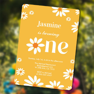 Groovy Yellow Daisy Florals baby girl 1st Birthday Einladung