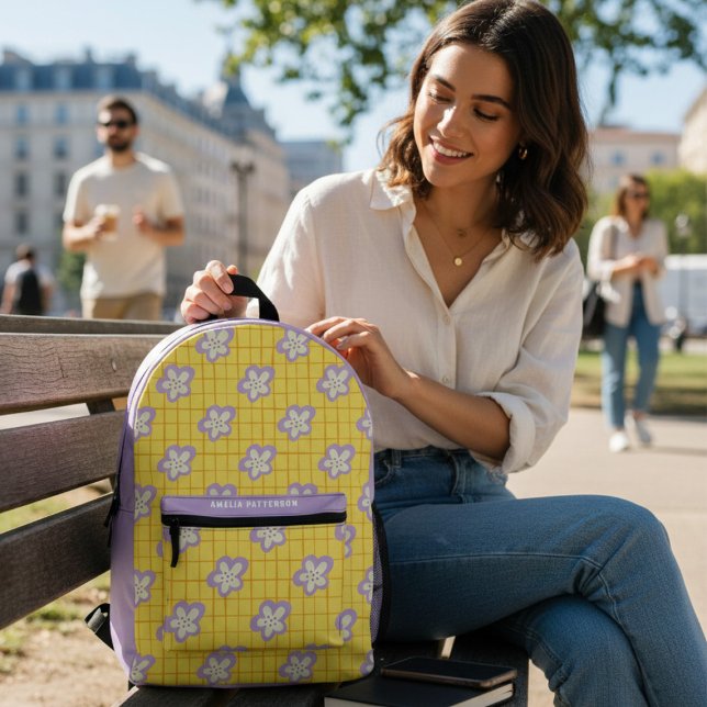 Groovy Yellow Lila Moderne Blumenwelt Personalisie Bedruckter Rucksack (Von Creator hochgeladen)