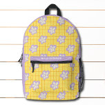 Groovy Yellow Lila Moderne Blumenwelt Personalisie Bedruckter Rucksack<br><div class="desc">Groovy Yellow Lila Modern Floral Pattern Personalisierte Name Backpacks mit hellgelben, lila und weißen Blume auf einem Karo Hintergrund. Personalisiert mit deinem Namen. Machen Sie ein großartiges Geschenk für Geburtstag, Weihnachten, Feiertage, Muttertag und zurück zur Schule. Ideal für die Rückkehr in die Schule, Sport, Gymnastik, Reisen und vieles mehr. Designed...</div>