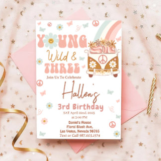 Groovy Young Wild & Three Rainbow 3. Geburtstag Einladung
