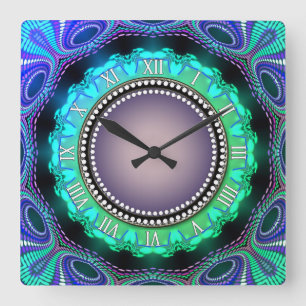 Groovy Zeit-Aqua-Grün-lila Wand-Uhr Quadratische Wanduhr