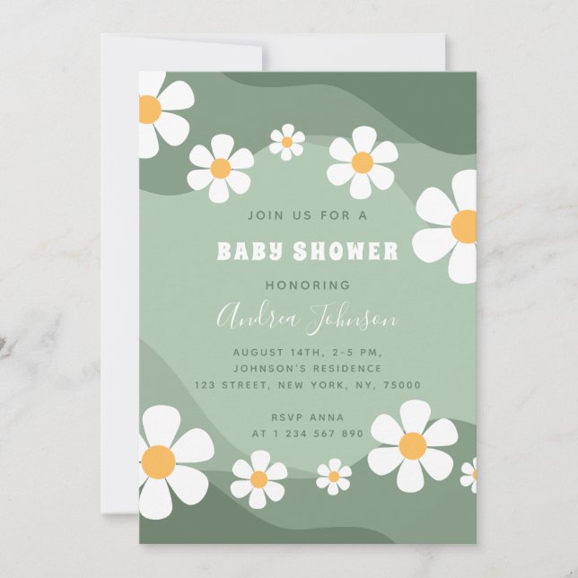 GroovySage Green Retro Boho Daisy Baby Shower Einladung (Vorderseite)