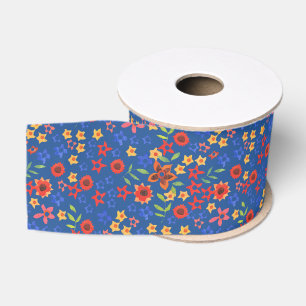 Gros-grain Impression florale rétro chic sur ruban bleu Grosg