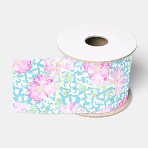 Gros-grain Roses roses et papillons blancs sur ruban bleu