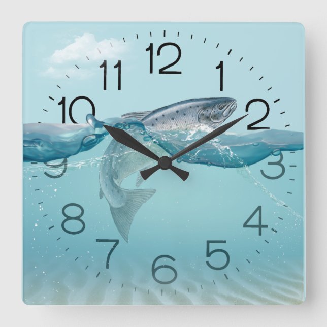 Gros Poisson Dans L'Eau Carré Horloge Mur (Recto)
