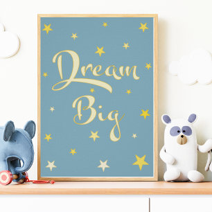 Groß träumen Kinderzimmer Wandbild Blau Gelb Stern Poster