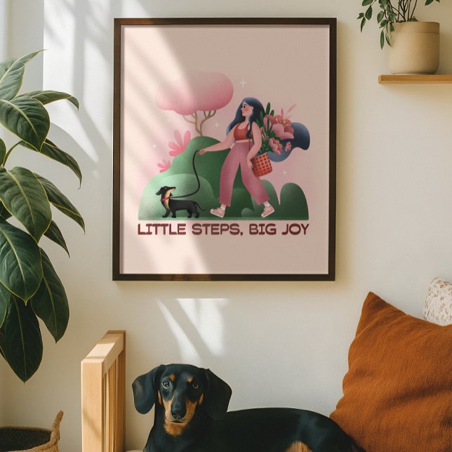 Großartige Darstellung des Girl Walking Dog Poster (Imagine this on your wall, a warm cup nearby, and your furry friend at your feet)
