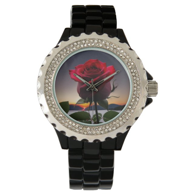 Großartige Rose-Bud & Sunset-Designüberwachung Armbanduhr (Vorderseite)