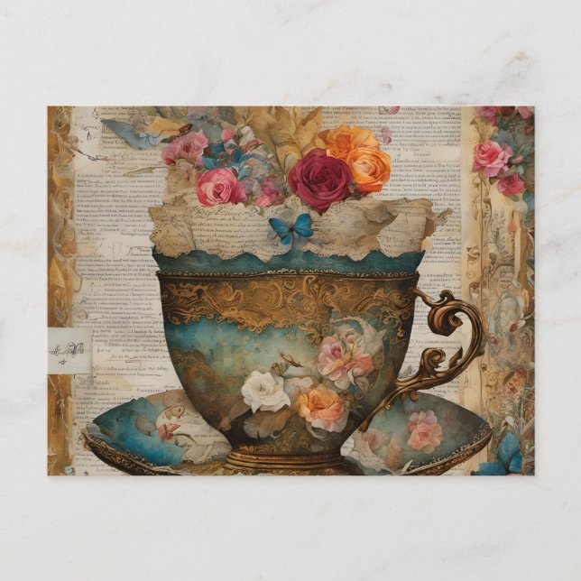 Großartige Teacup Mixed Media Collage Malerei Postkarte (Vorderseite)