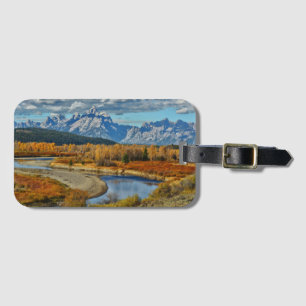 Großartige Teton Gebirgsfluss-Ansicht in Herbst Gepäckanhänger