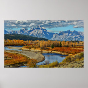 Großartige Teton Gebirgsfluss-Ansicht in Herbst Poster
