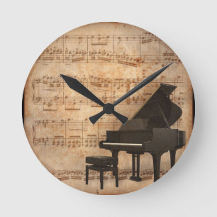 Großartiges Klavier mit Musiknoten Runde Wanduhr
