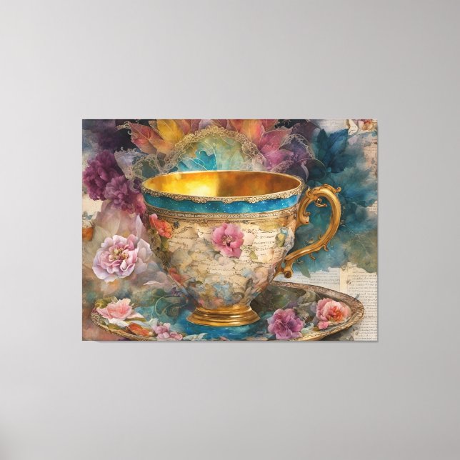 Großartiges Teacup Mixed Media Painting Leinwanddruck (Vorderseite)