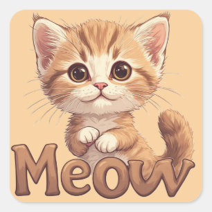Großäugiges Tabby-Kätzchen mit Meow-Katze Grafik � Quadratischer Aufkleber