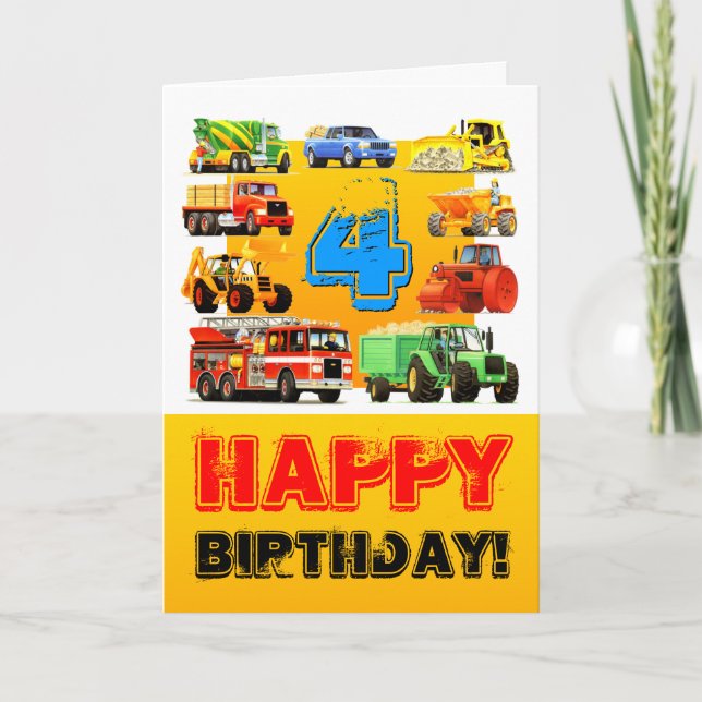 Großbauwagen des Jungen 4. Geburtstag Karte (Vorderseite)