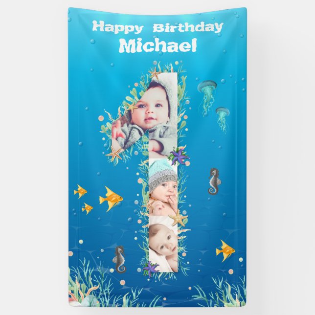 Große 1. Geburtstag unter dem Meer FotoCollage Banner (Vertikal)