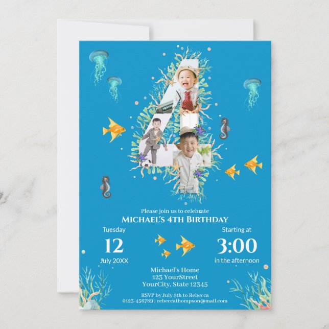 Große 4. Fotomaterial Geburtstag unter dem Meer Einladung (Vorderseite)