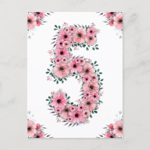 Große 5. Geburtstags-Rosa-Blumen-Girl-Grün-Foliage Postkarte