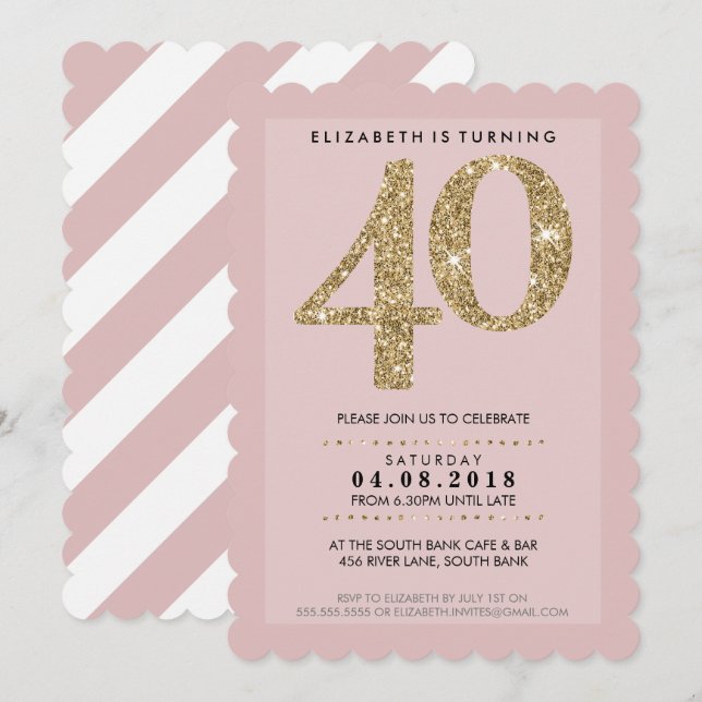 GROSSE AGE NUMBER Moderne 40 Gold Glitzer Blaupink Einladung (Vorne/Hinten)