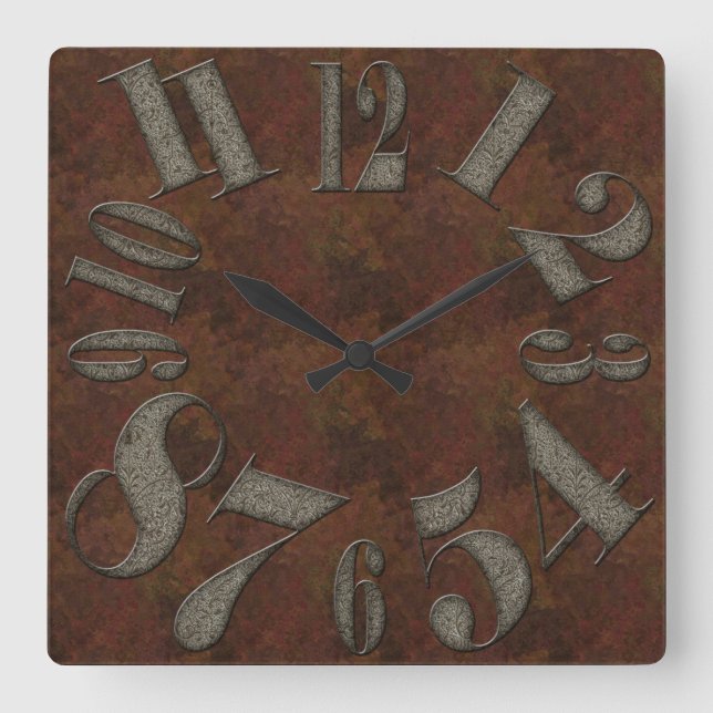 Große, altersgealterte Metallgrößenzahlen - rostfr Quadratische Wanduhr (Vorderseite)