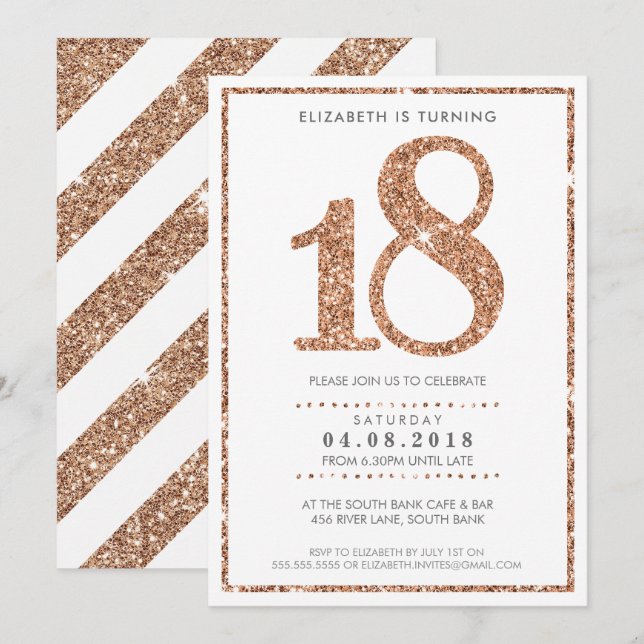 GROSSE ALTERSZAHL INVITE GLAS 18 Rose Gold Glitzer Einladung (Vorne/Hinten)