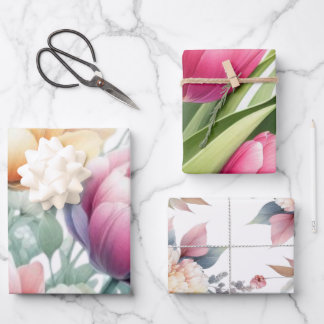 große Aquarell-Pastellblumen, Tulpen, Pfingstrosen Geschenkpapier Set
