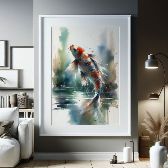 Grosse Aquarellbilder Farbenfrohe Koi Fischkunst Poster (Koi fish painting large watercolor print red)