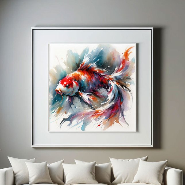 Grosse Aquarellbilder Farbenfrohe Koi Fischkunst Poster (Koi fish watercolor art print features a vibrant and color painting in shades of red, blue and green)
