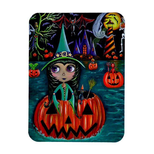 Große Augen Halloween Hexenmädchen reiten in einem Magnet (Vertikal)