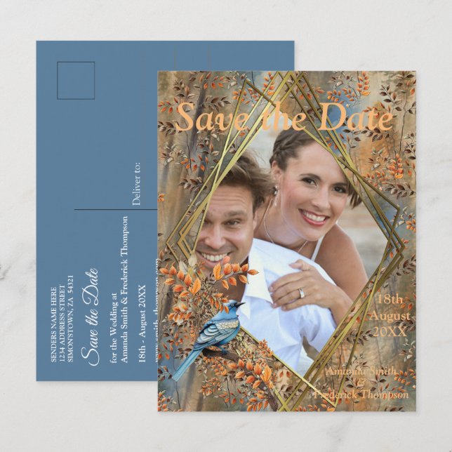 Große Bäume, Herbstblätter & Bluebirds. Ankündigungspostkarte (Vorne/Hinten)