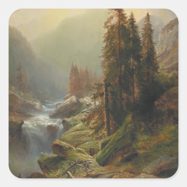 Große Berglandschaft - Albert Zimmermann Quadratischer Aufkleber (Vorderseite)