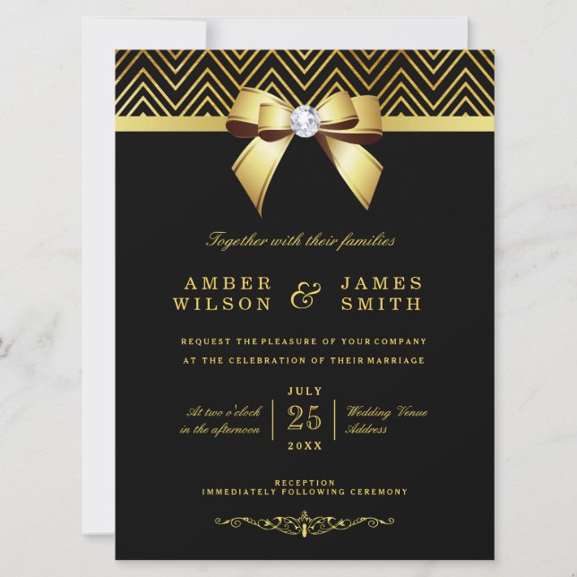 Große Black Gold Chevrons Diamond Bow Wedding Einladung (Vorderseite)
