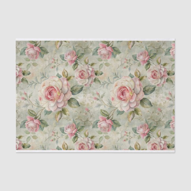 Große, blassrosa Rosen im hellgrünen Hintergrund Seidenpapier (Vorderseite)