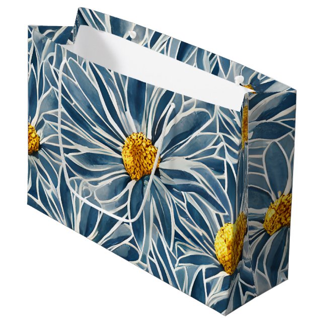Große blau-gelbe Blumen Nahtloses Muster Große Geschenktüte (Vorderseite Schrägansicht)