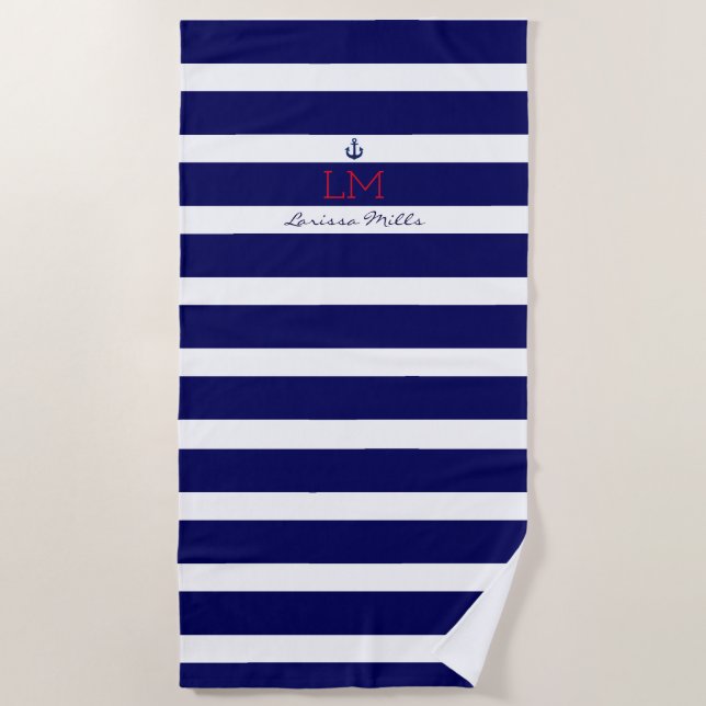 große blaue Streifen nautisch mit Monogramm Strandtuch (Vorderseite)