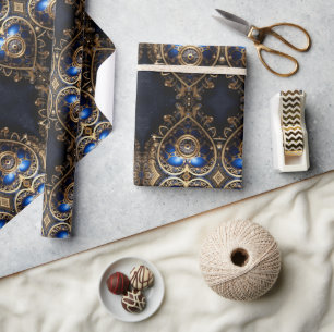 große blaue und goldene Steampunkherzen Geschenkpapier