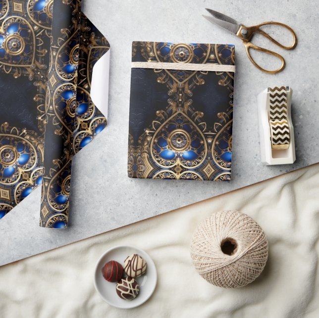 große blaue und goldene Steampunkherzen Geschenkpapier (Kunsthandwerk)