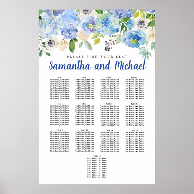 Große Blue Hydrangea 13-Tisch-Sitzkarte Poster (Vorne)
